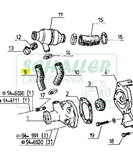 Kühlerschlauch Thermostat zu Wasserpumpe  6 Zylinder MWM bis Bj. 86    921 bis 1481-4S