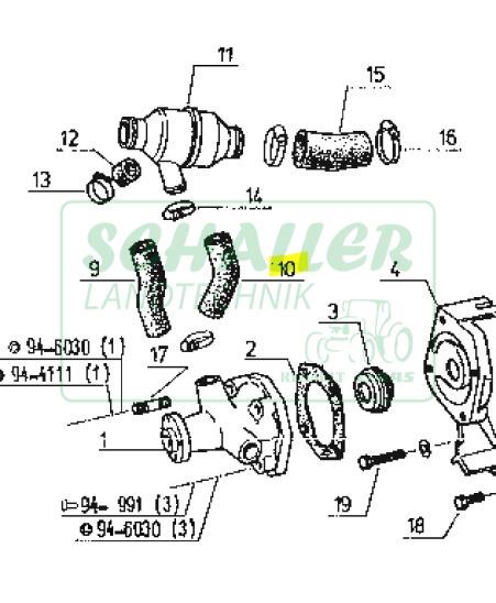 Kühlerschlauch Thermostat zu Wasserpumpe  6 Zylinder MWM ab Bj. 86  110-14 bis 145-54 TX